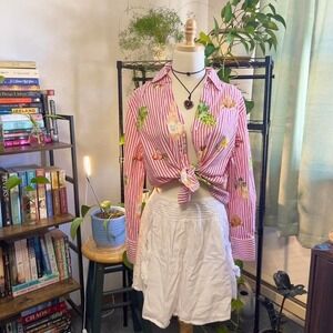 Pink & White Striped Button Up Shirt Long Sleeve Medium Fruit Croissant Print